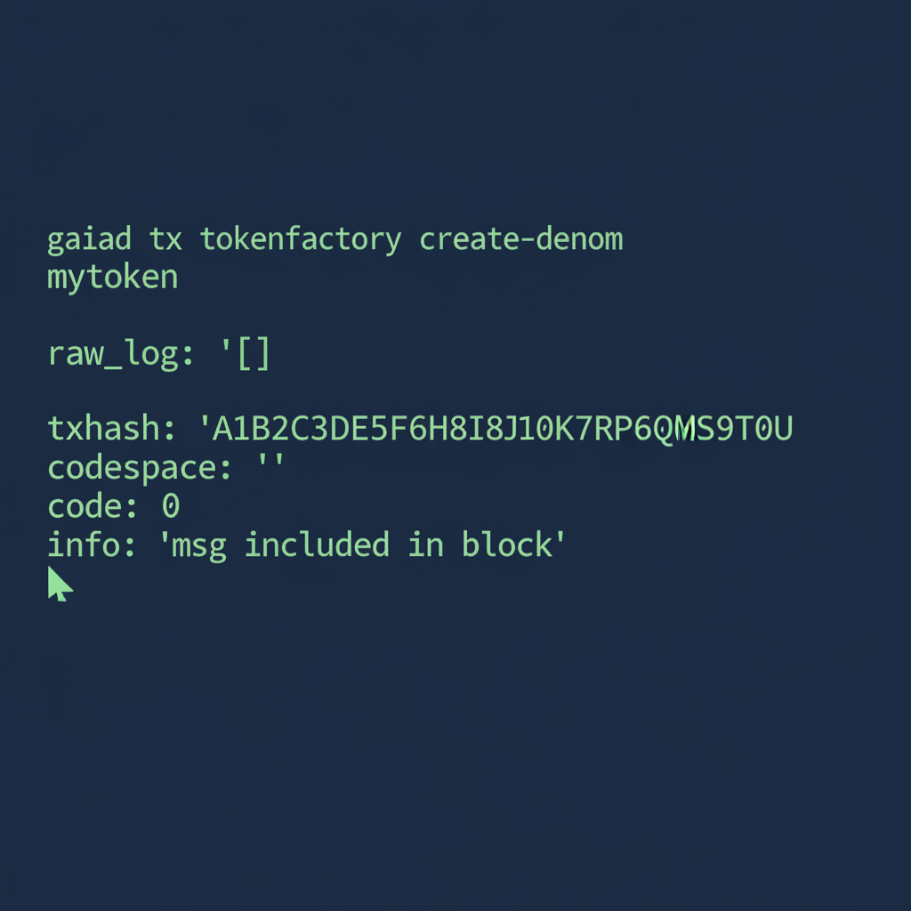 CLI terminal screenshot gaiad tx tokenfactory create-denom mytoken success code 0 confirmation