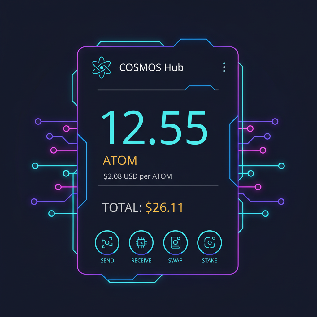 futuristic crypto wallet UI showing Cosmos Hub balance over 10 ATOM at $2.08 price, neon glow