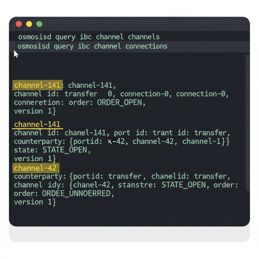 CLI terminal ibc channel query output highlighting Osmosis channel ID