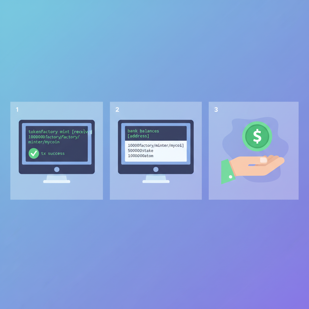 CLI terminal tokenfactory mint tx success, bank balances query with new token balance