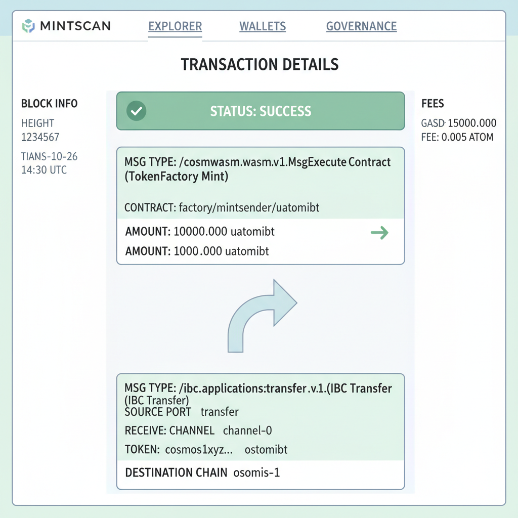 Mintscan explorer dashboard showing successful Tokenfactory denom mint and IBC transfer
