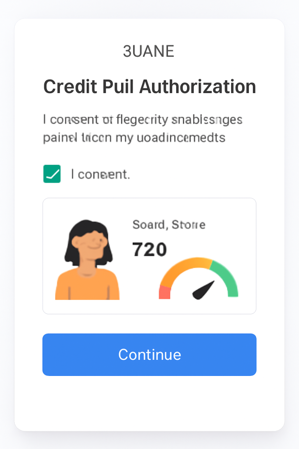 3Jane credit pull authorization UI, consent checkbox, credit score preview graph, compliant design
