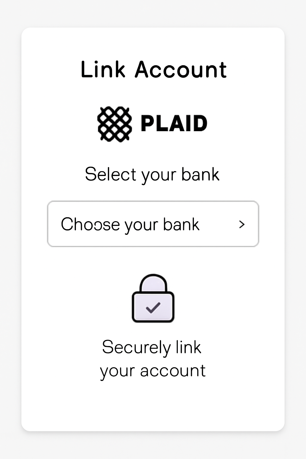 Plaid bank linking screen on 3Jane, bank selection dropdown, secure padlock icon, professional interface