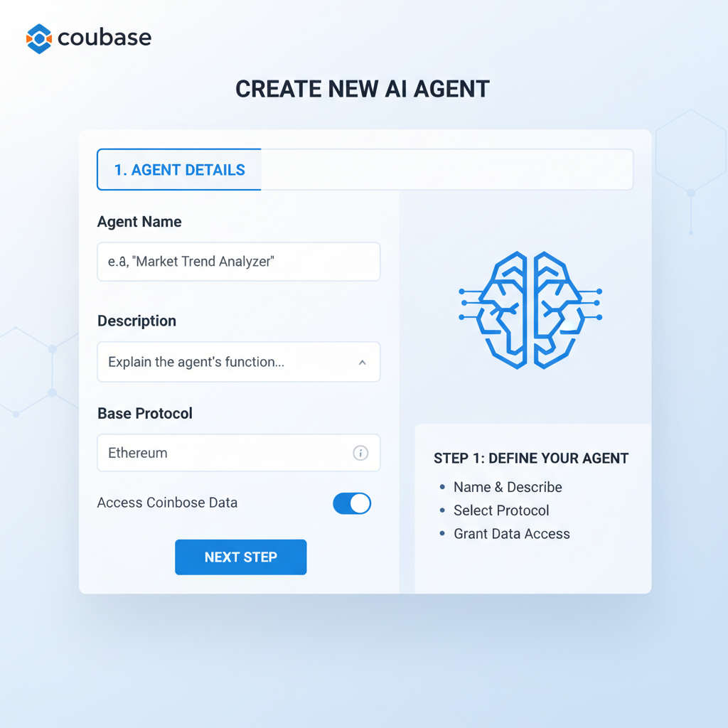 Coinbase AI agent creation interface, creating new agent form, professional web3 UI