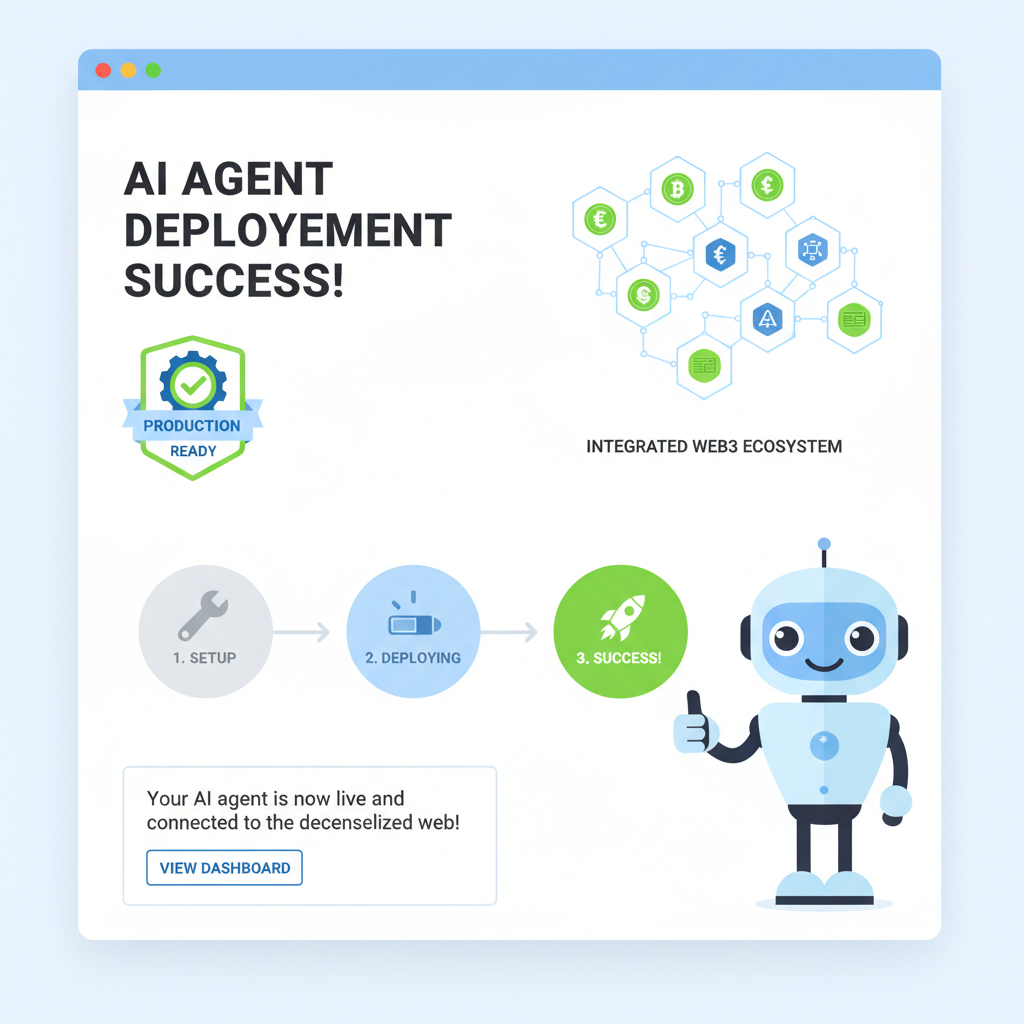 AI agent deployment success page, production ready badge, integrated web3 ecosystem graphic