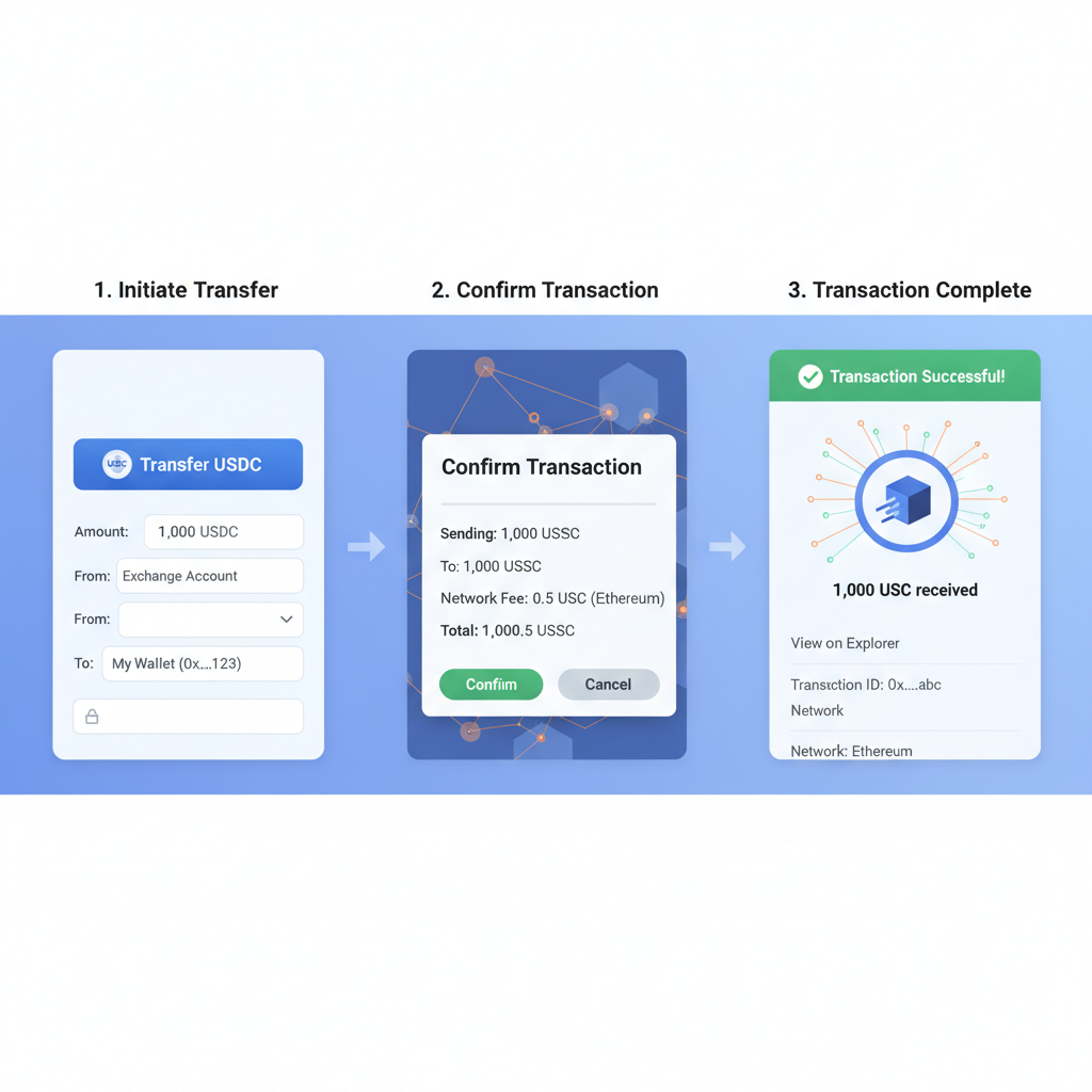 wallet funding interface with USDC transfer, transaction confirmation, blockchain network visualization