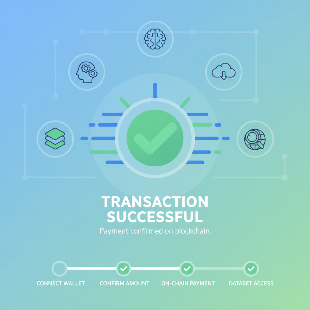 successful onchain payment transaction screen, green checkmark, speed lines, AI dataset icons