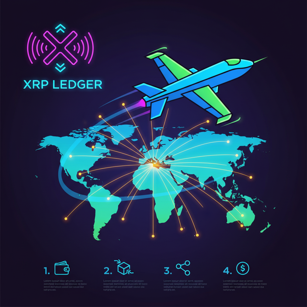XRP blockchain logo with airline jet soaring over world map, neon energy, dynamic motion blur