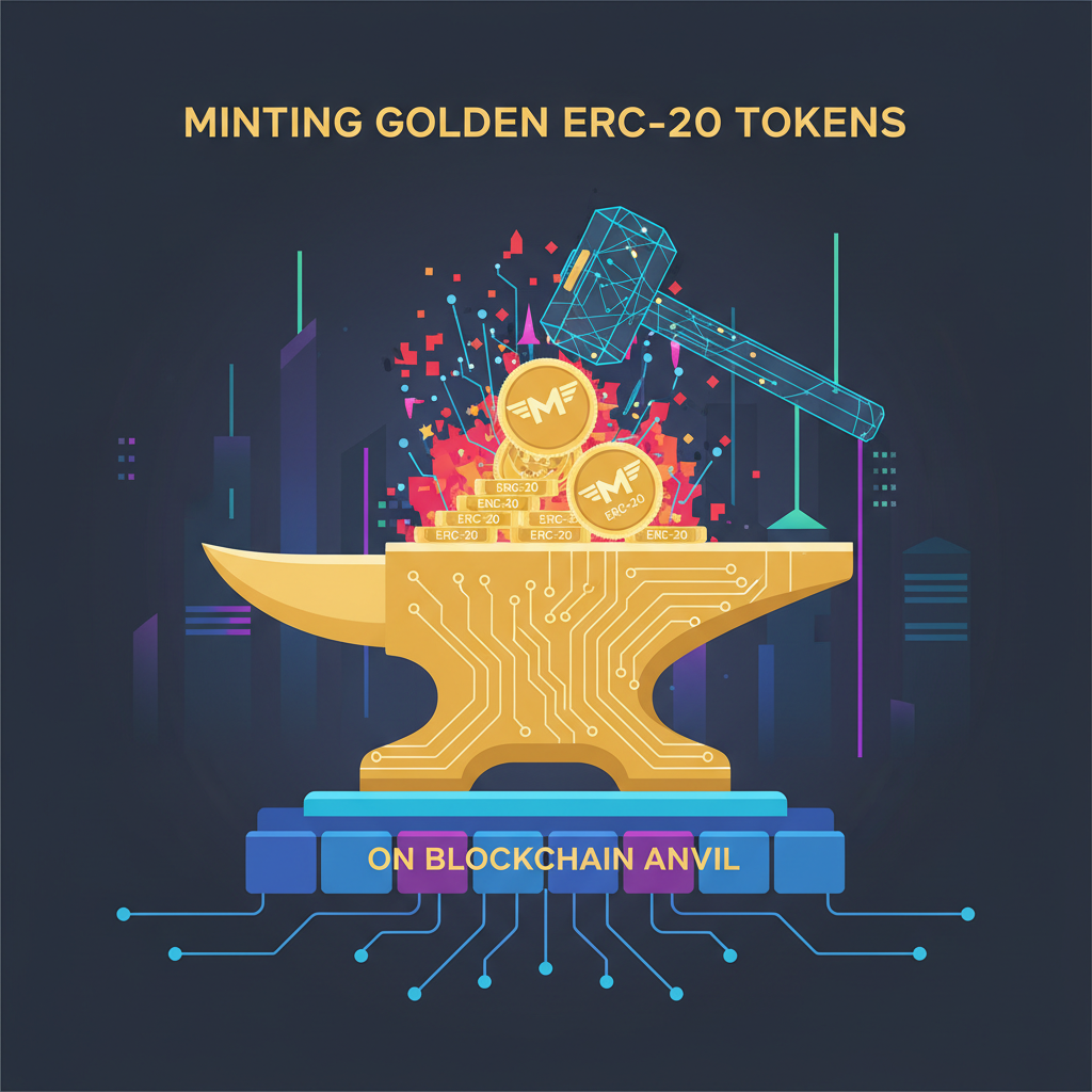 minting golden ERC-20 tokens shaped like airplane miles on blockchain anvil, fiery sparks, cyberpunk style