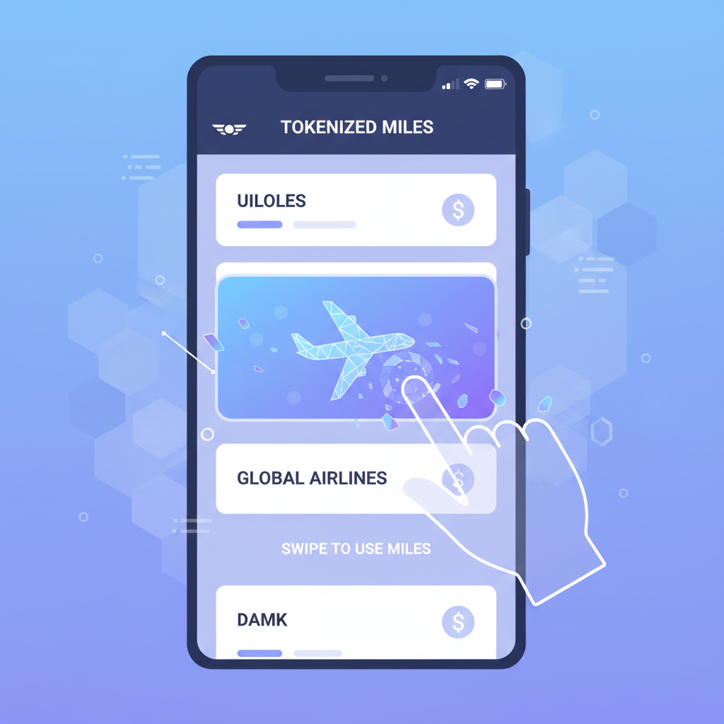 mobile wallet app with tokenized airline miles, user swiping jet icon, sleek UI, holographic effects