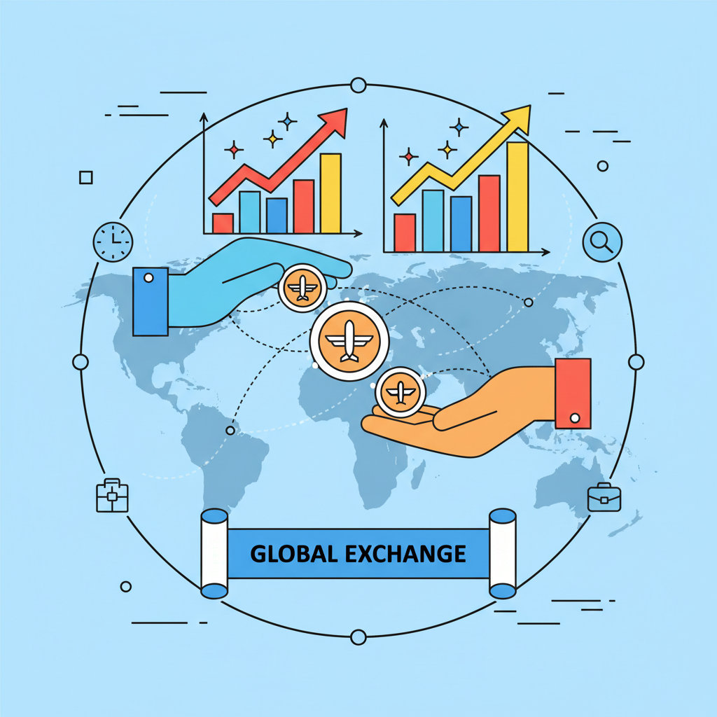 trading platform with airline miles tokens exchanging hands globally, explosive charts rising, vibrant marketplace