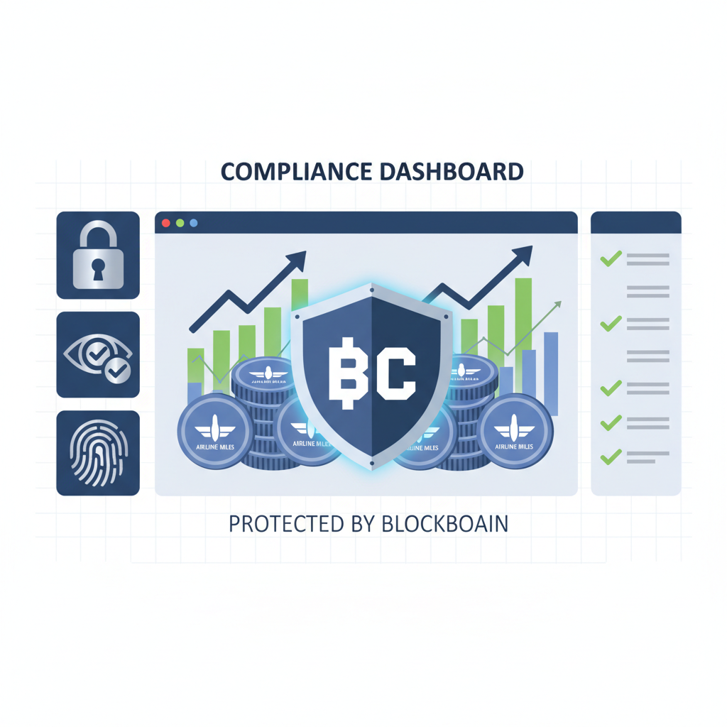 compliance dashboard with blockchain shields protecting airline miles, scaling graphs upward, bold security icons