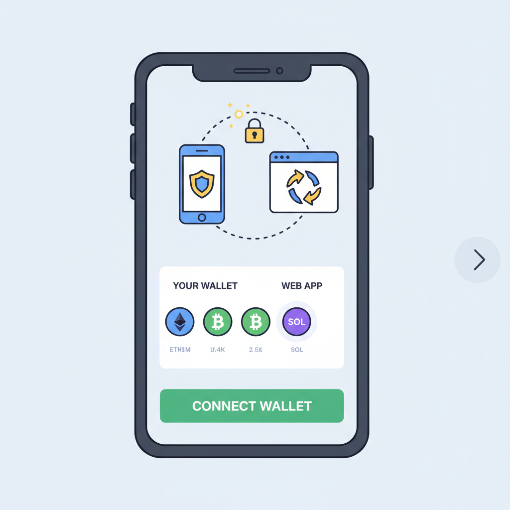 smartphone screen showing wallet connection to web app, crypto icons, secure connection animation