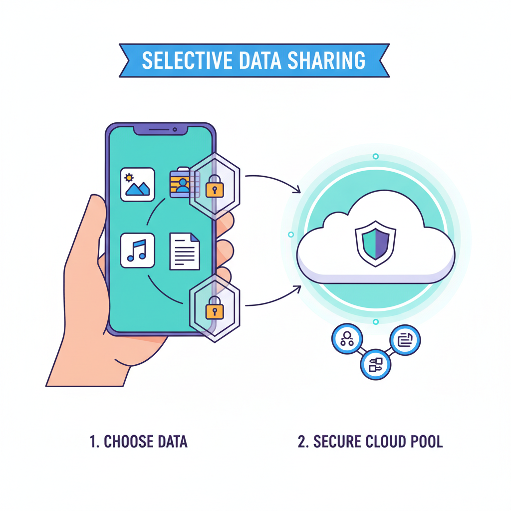 user selectively sharing data icons from phone to secure cloud pool, privacy filters active
