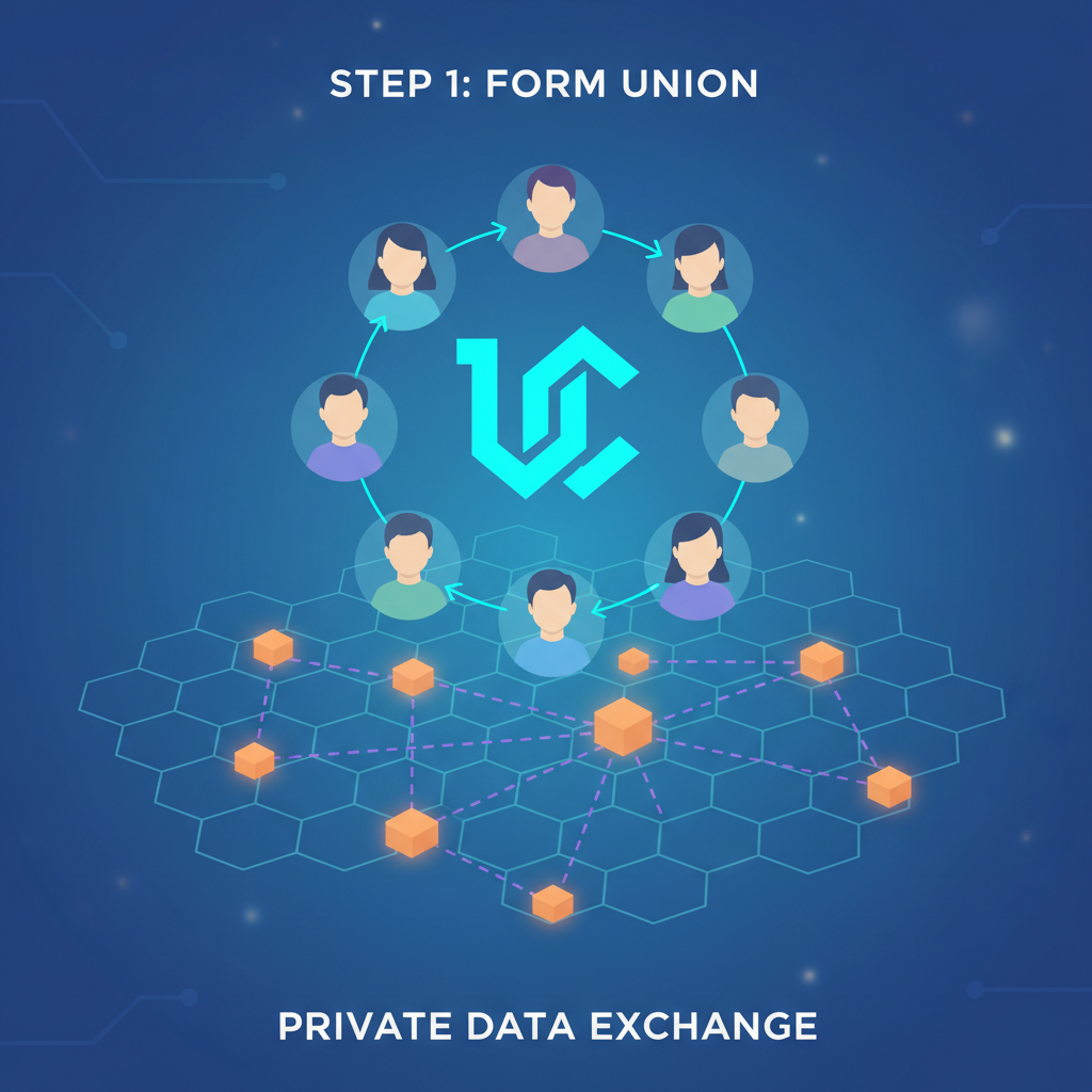 group of abstract users forming a union circle on blockchain network, data nodes connecting privately