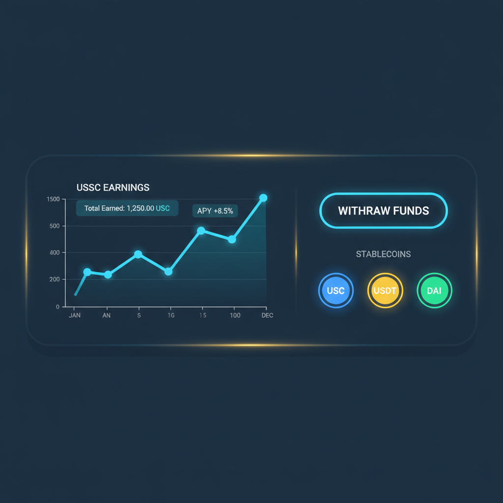 dashboard showing USDC earnings graph, withdrawal button, stablecoin icons glowing