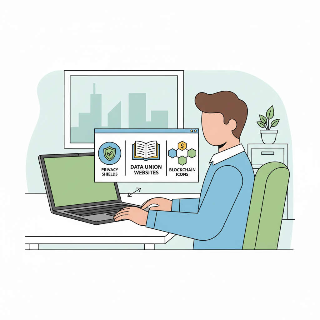 person at desk researching data union websites on laptop, privacy shields and blockchain icons, professional office setting