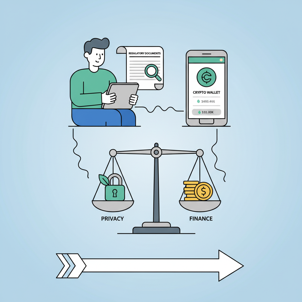 person reading regulatory documents on tablet beside crypto wallet app, balanced scales of privacy and finance