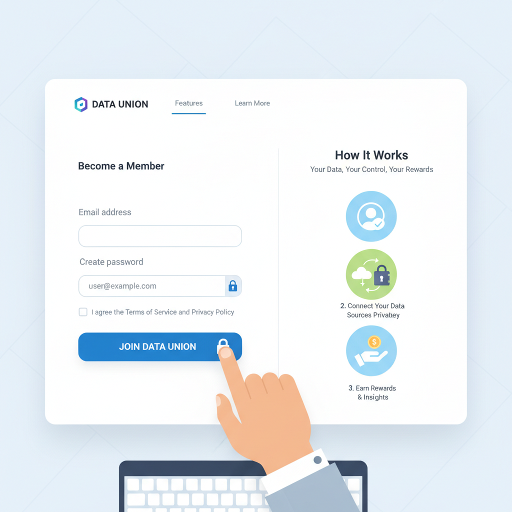 clean website signup page for data union platform, user entering details, modern UI with privacy lock icons