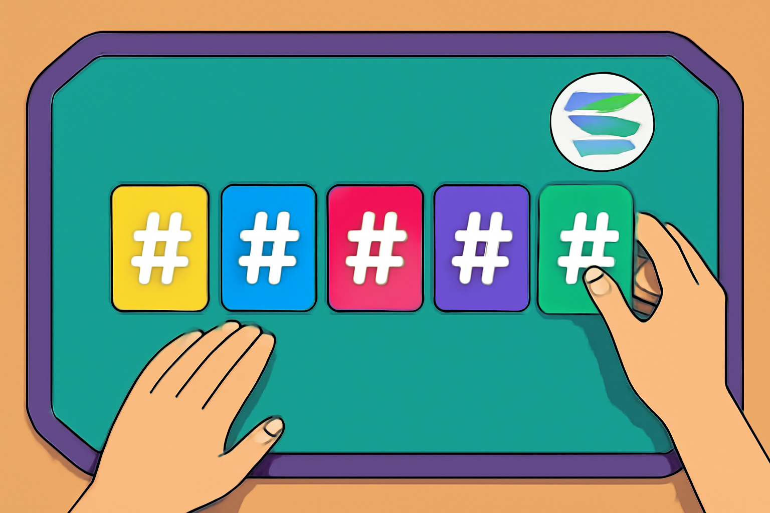 player assembling five trendy hashtag cards into a powerful deck on solana table