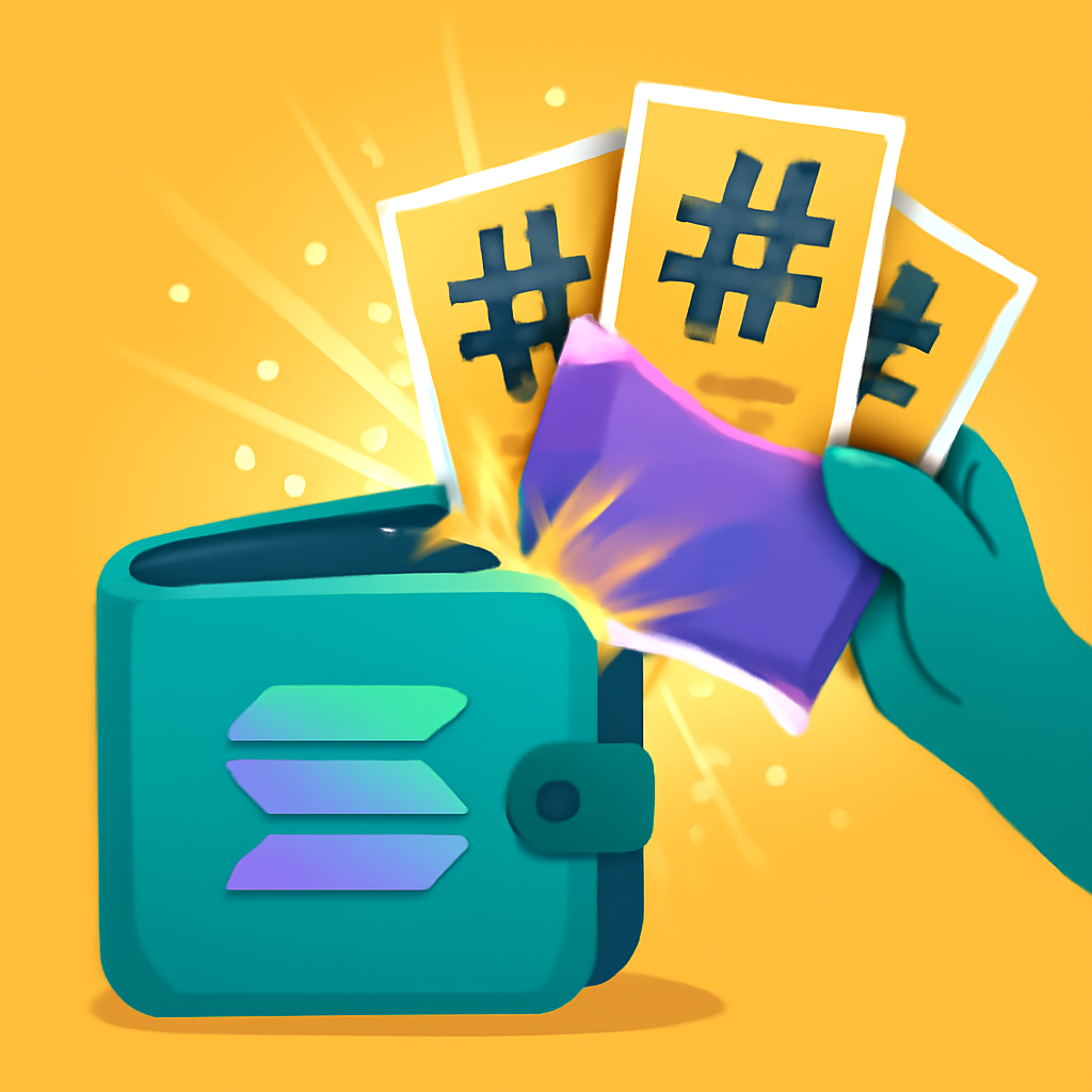 vibrant solana wallet ripping open glowing pack of hashtag trading cards