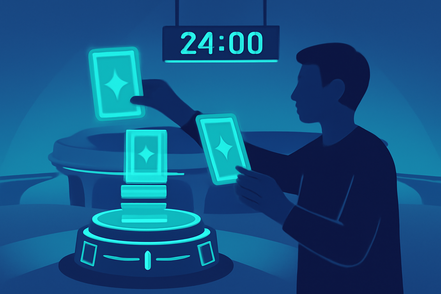 staking glowing kards into futuristic oracle arena with 24-hour timer