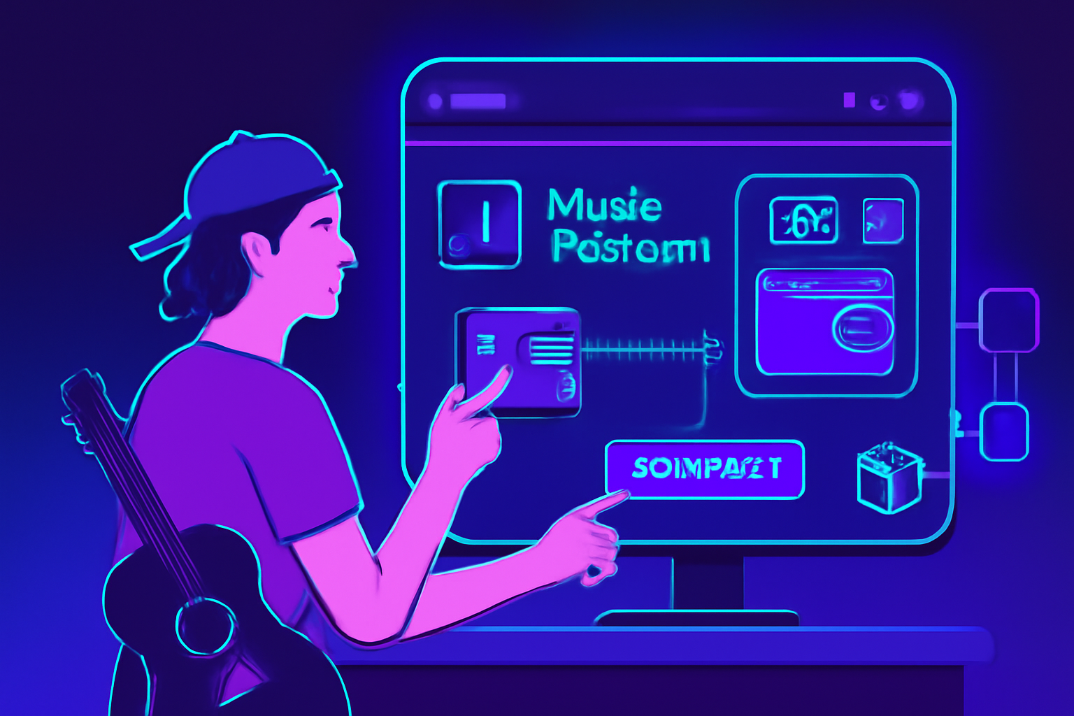 indie musician connecting crypto wallet to music platform dashboard, futuristic blockchain interface, vibrant neon blues and purples
