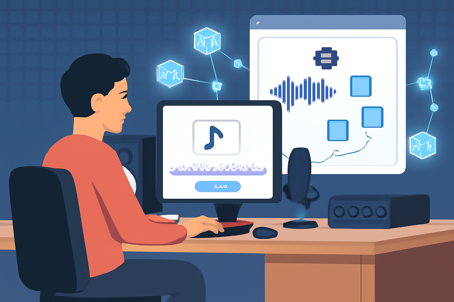 artist uploading music track to blockchain platform, digital waveform tokenizing into shares, modern studio setup with glowing blockchain nodes