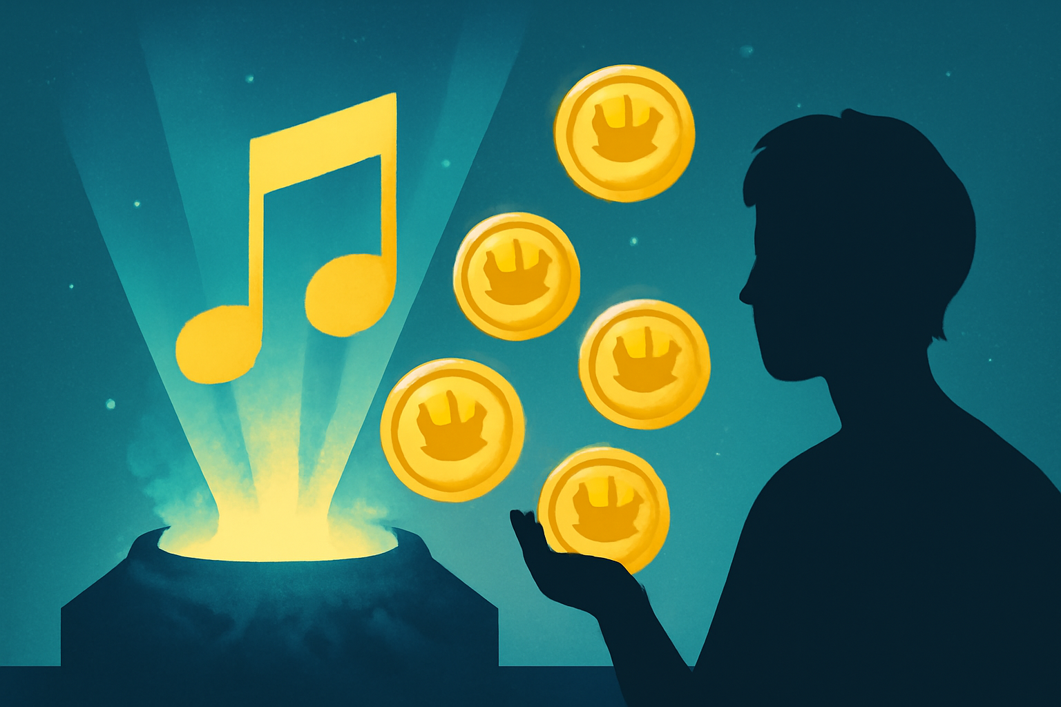 minting golden royalty tokens from music note, blockchain minting animation, ethereal digital forge with artist silhouette