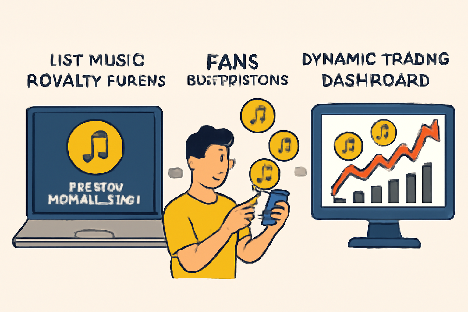 listing music royalty tokens on crypto marketplace, fans buying fractions, dynamic trading dashboard with rising charts