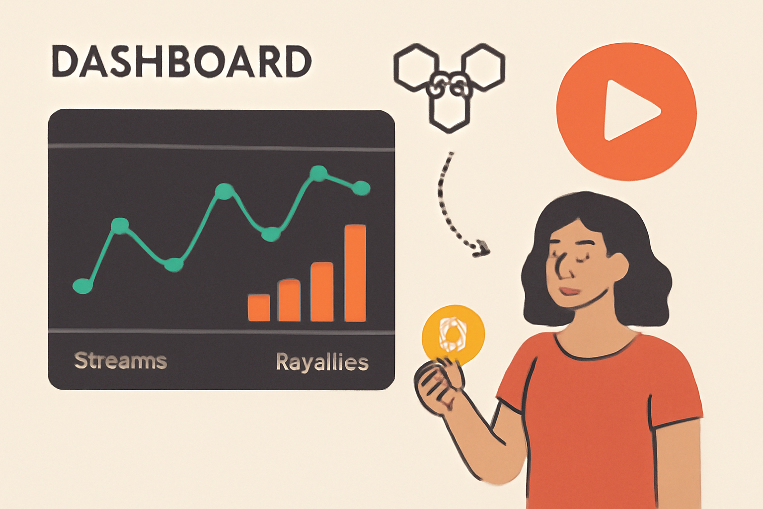 dashboard tracking blockchain music streams and royalties, real-time graphs pulsing with plays, artist receiving crypto payouts