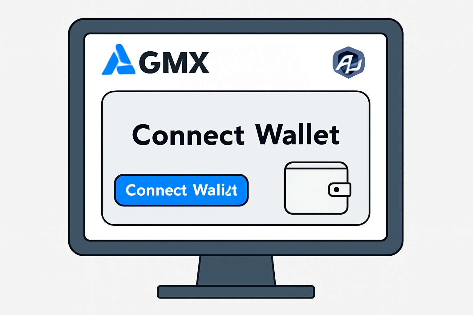 A computer screen displaying the GMX app interface with a wallet connection prompt and Arbitrum logo visible.