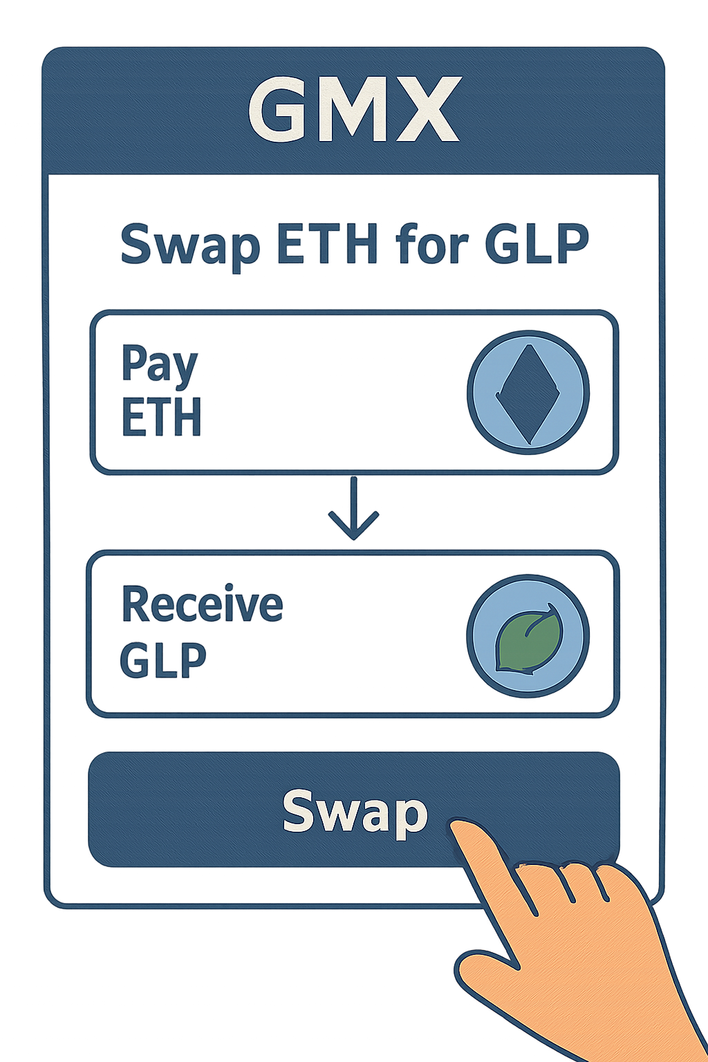 A user exchanging ETH for GLP tokens on the GMX interface, with GLP and ETH logos shown.