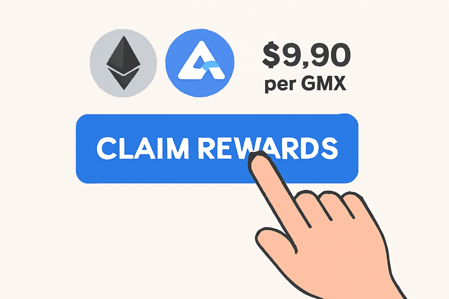 A hand clicking a 'Claim Rewards' button, with ETH and esGMX icons and the price $9.90 per GMX token displayed.