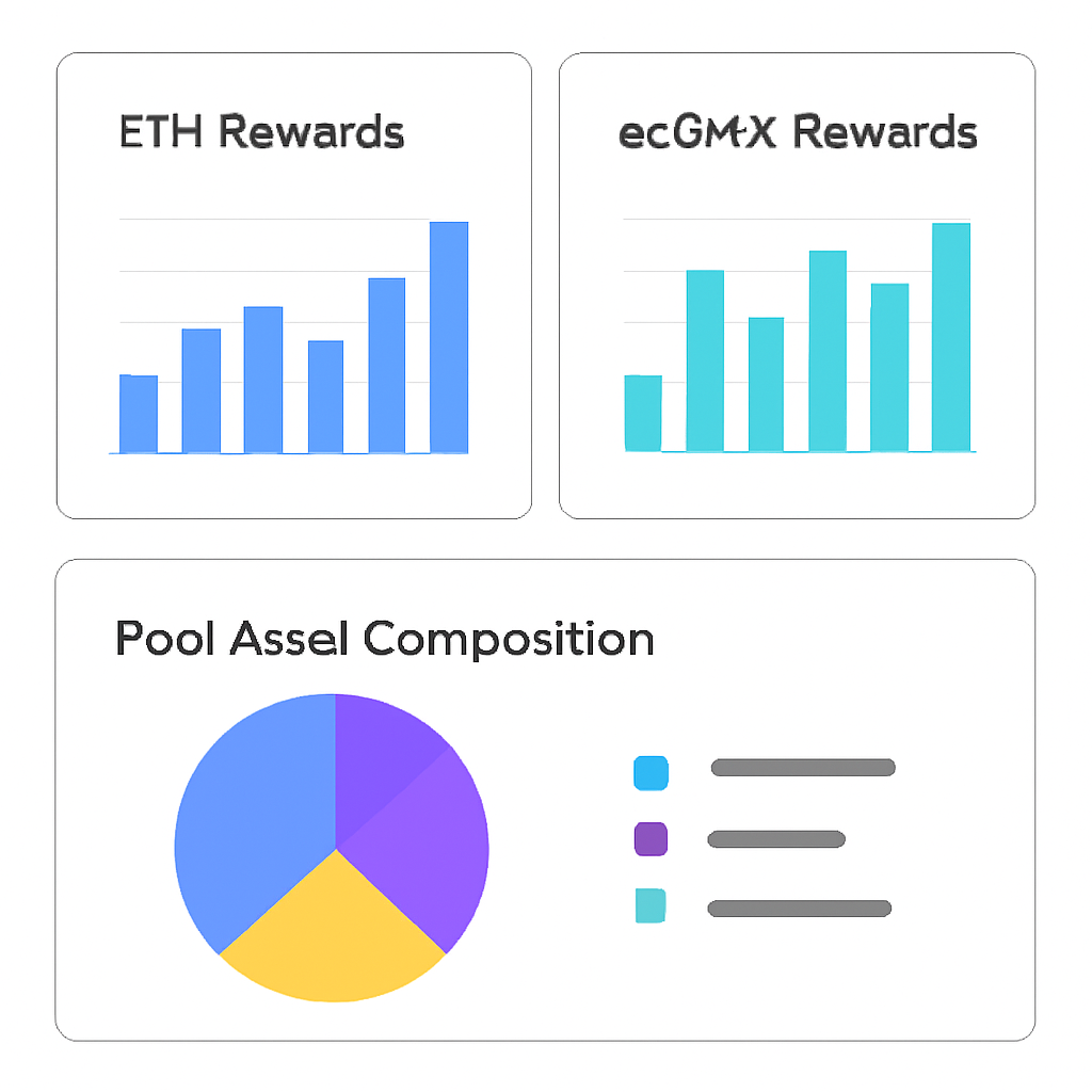 A dashboard with charts showing ETH and esGMX rewards, and a pie chart of pool asset composition.