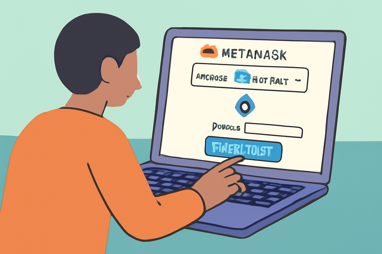 A person setting up MetaMask wallet on a laptop, adding Arbitrum network, and depositing ETH. Interface shows Arbitrum network selected.