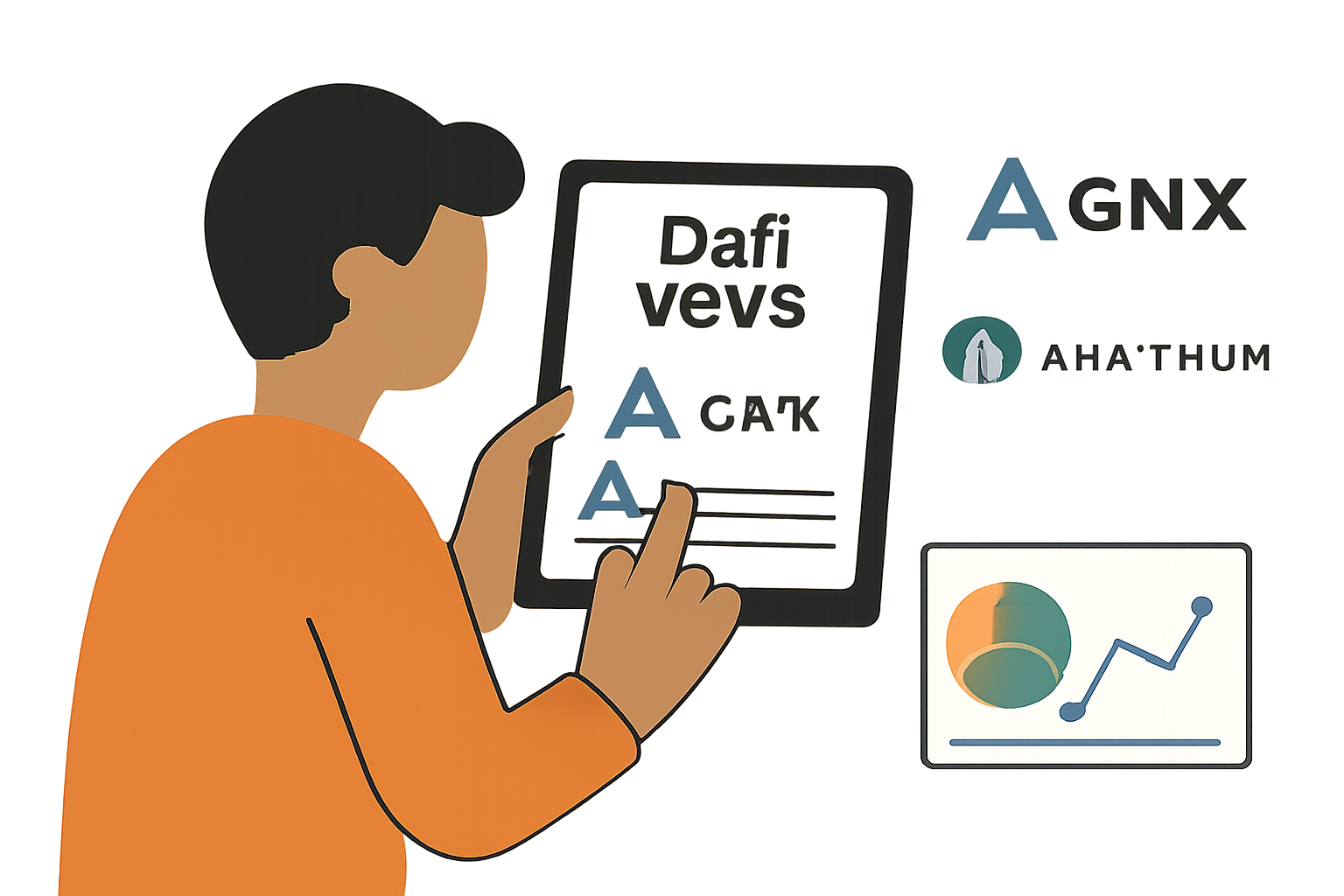A person reading DeFi news on a tablet, with GMX and Arbitrum logos, and adjusting a portfolio chart.