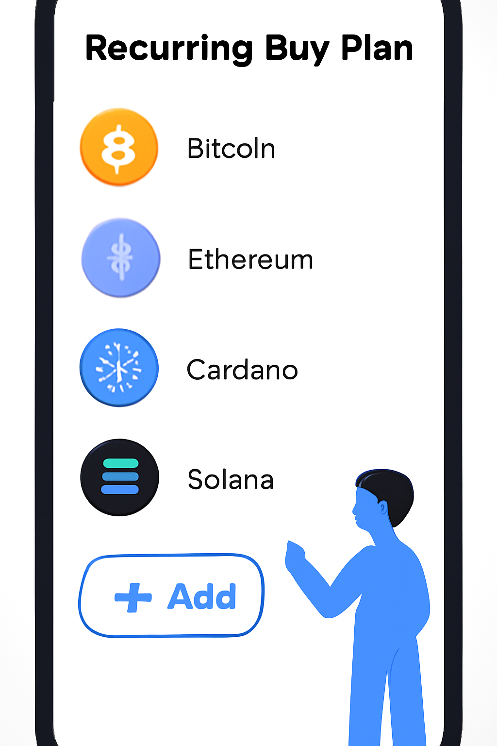 A mobile interface with multiple cryptocurrencies being added to a recurring buy plan, colorful coin icons