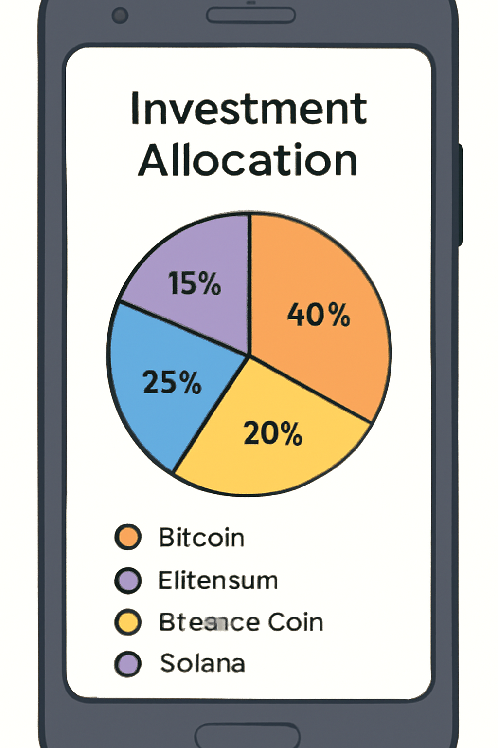 A pie chart on a mobile screen showing investment allocation percentages for different cryptocurrencies