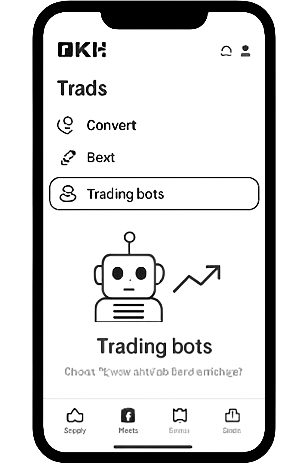 OKX app interface showing the 'Trading bots' option selected in the Trade menu, clear icons, user-friendly design