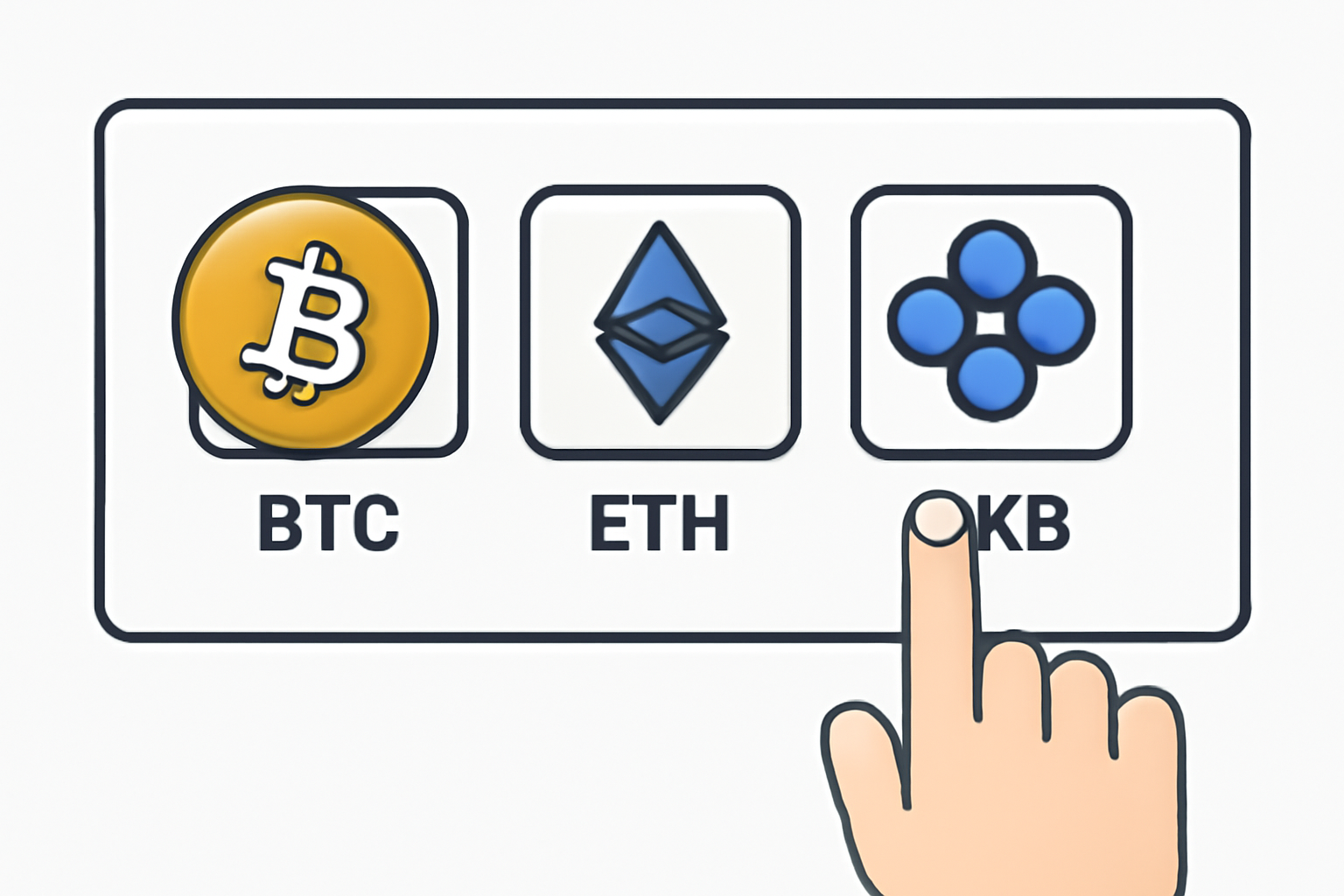A selection screen with various cryptocurrency icons (BTC, ETH, OKB), user finger tapping on one