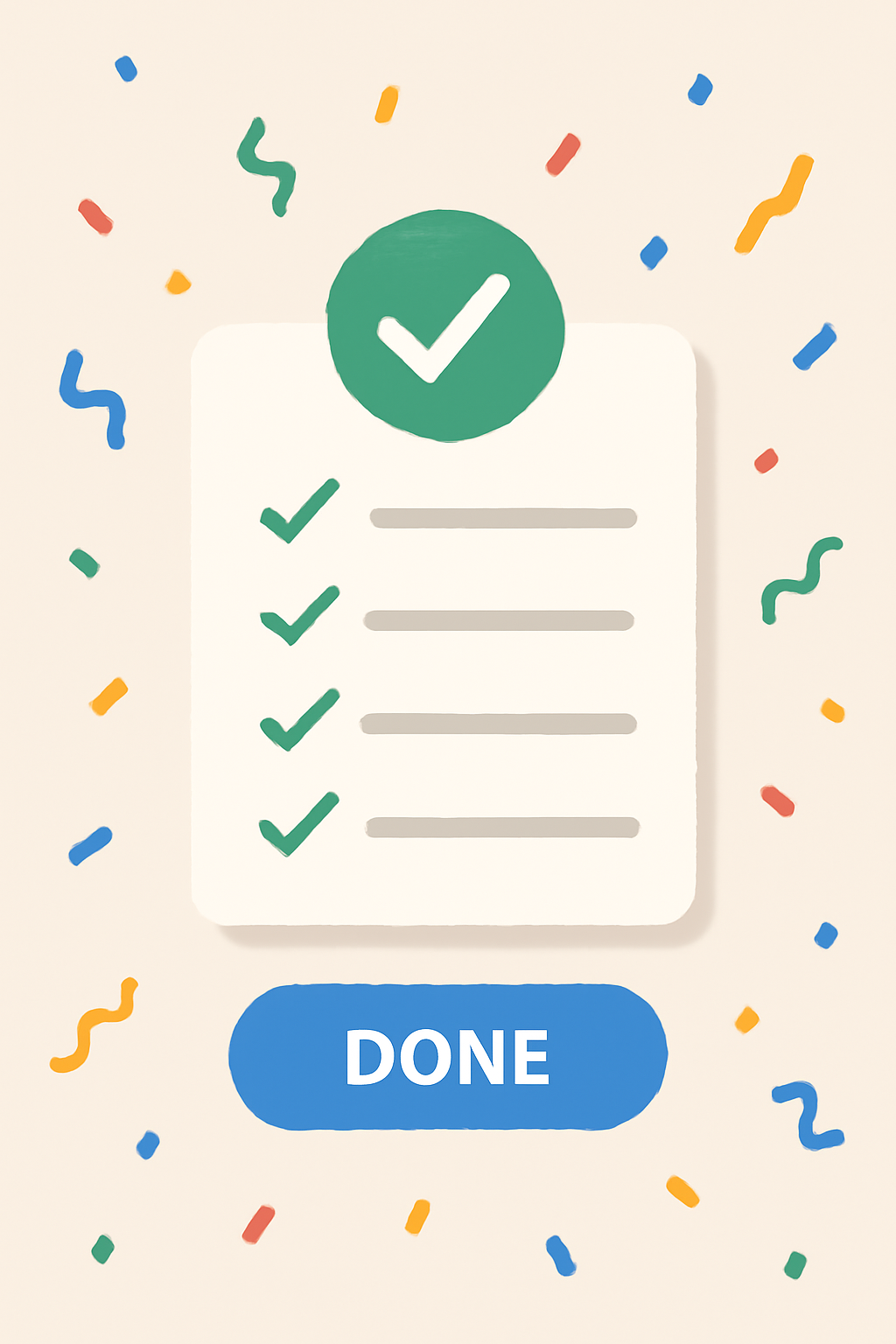 A confirmation screen with a checklist and a prominent 'Done' button, celebratory confetti in the background