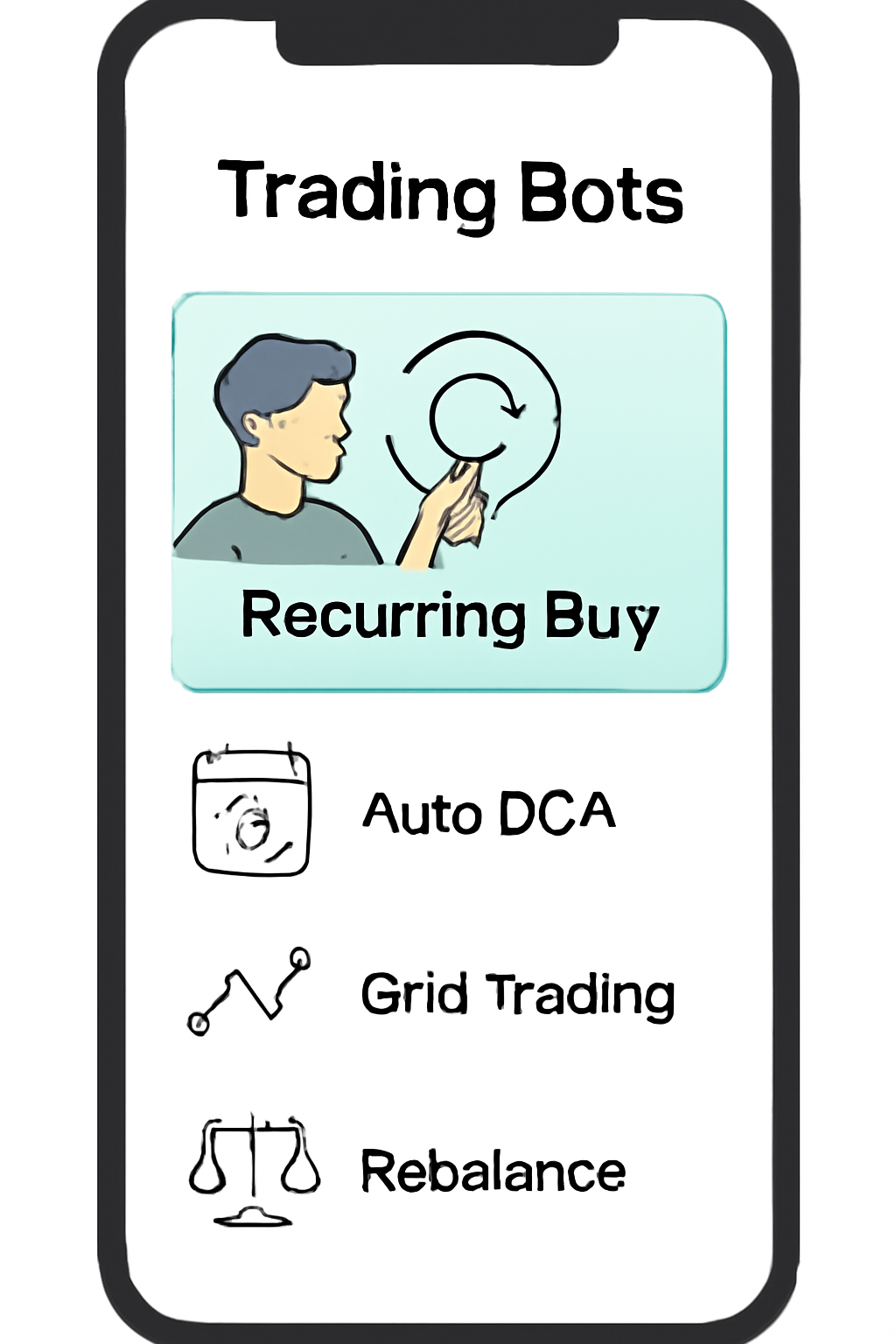 A mobile screen showing a list of trading bots with 'Recurring Buy' highlighted, clean and simple layout