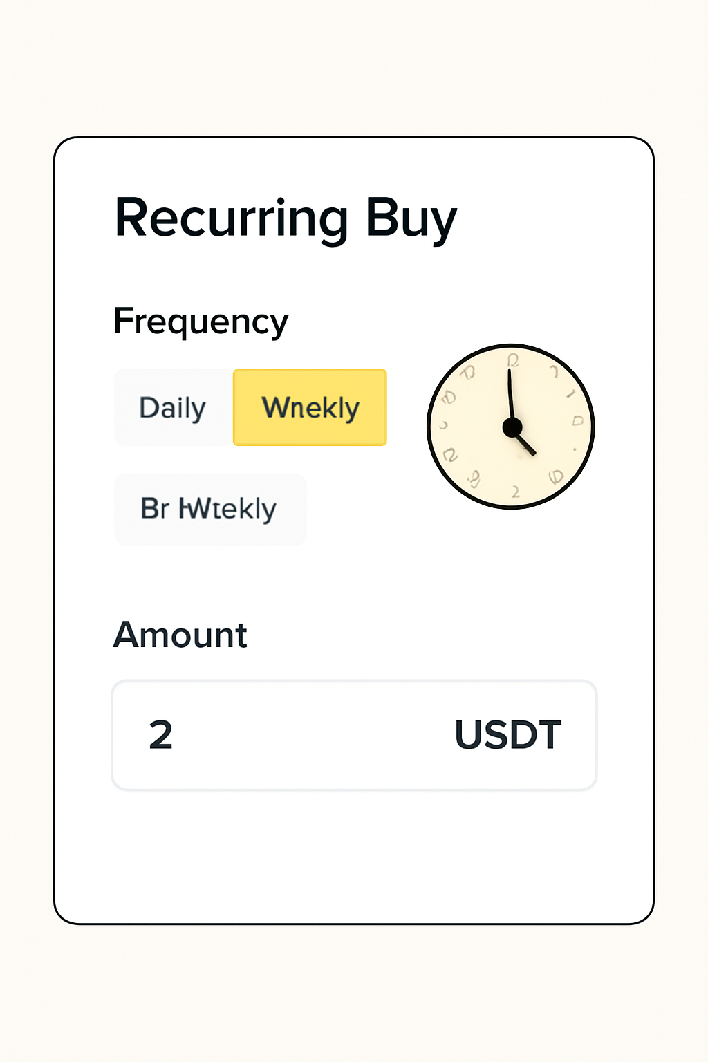 Recurring buy setup screen showing frequency options, a clock for timing, and an amount entry field set to 2 USDT