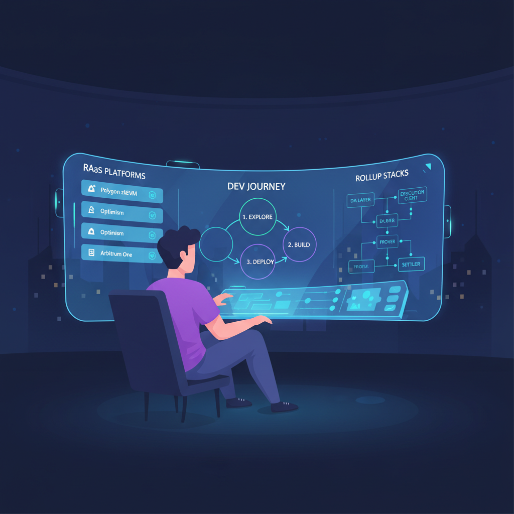 developer browsing RaaS platforms and rollup stacks on a sleek dashboard, neon lights, futuristic UI