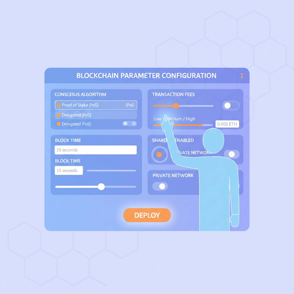 configuring blockchain parameters on intuitive dashboard, sliders and inputs, holographic display