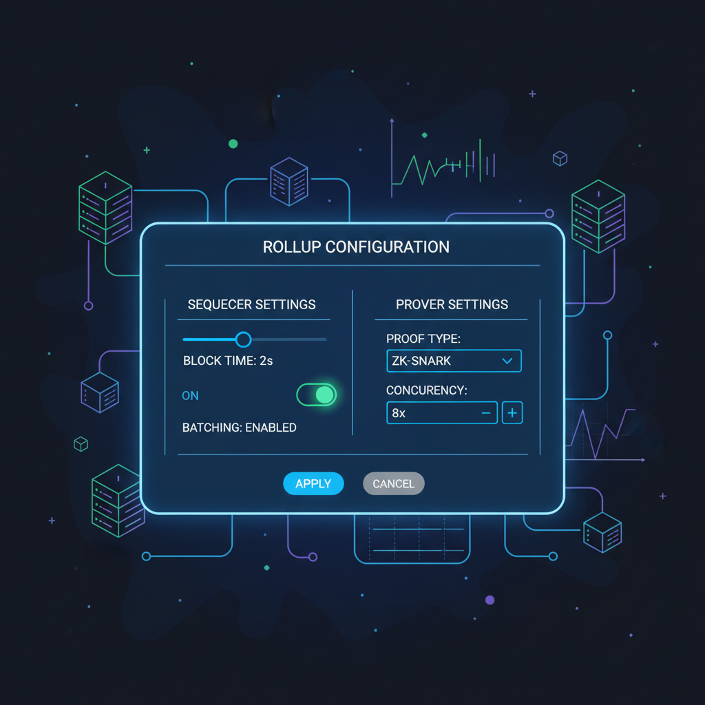 adjusting sequencer and prover settings in rollup config panel, graphs and nodes, sci-fi tech