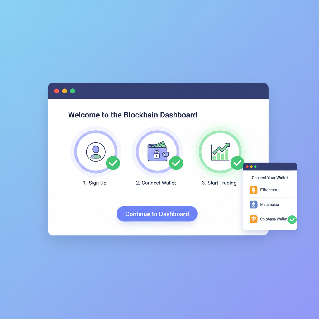 user signing up on blockchain dashboard, connecting wallet, green checkmarks, modern web interface