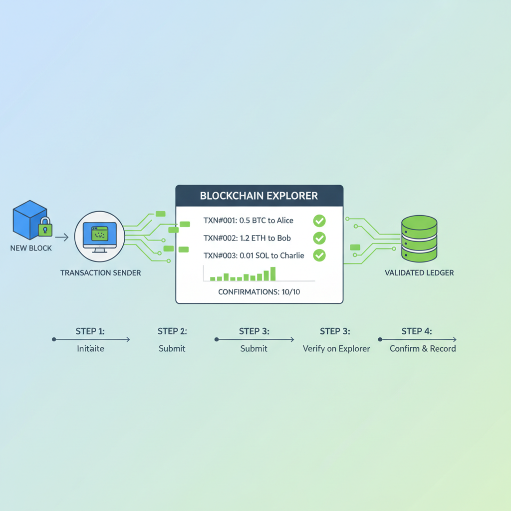 testing new blockchain with transactions on explorer, green success icons, data flow visuals