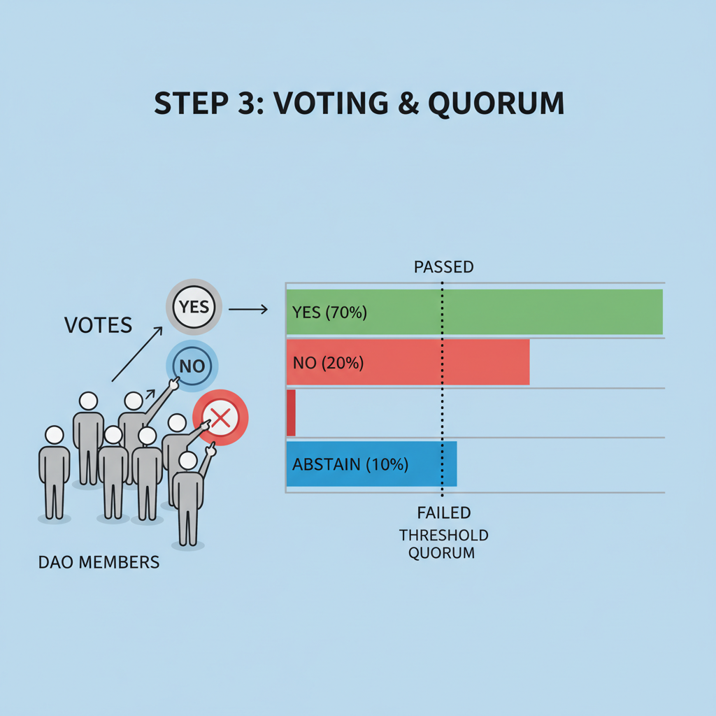 DAO members voting with threshold quorum line on graph, professional illustration
